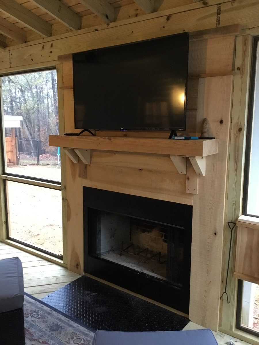 fireplace on screened porch